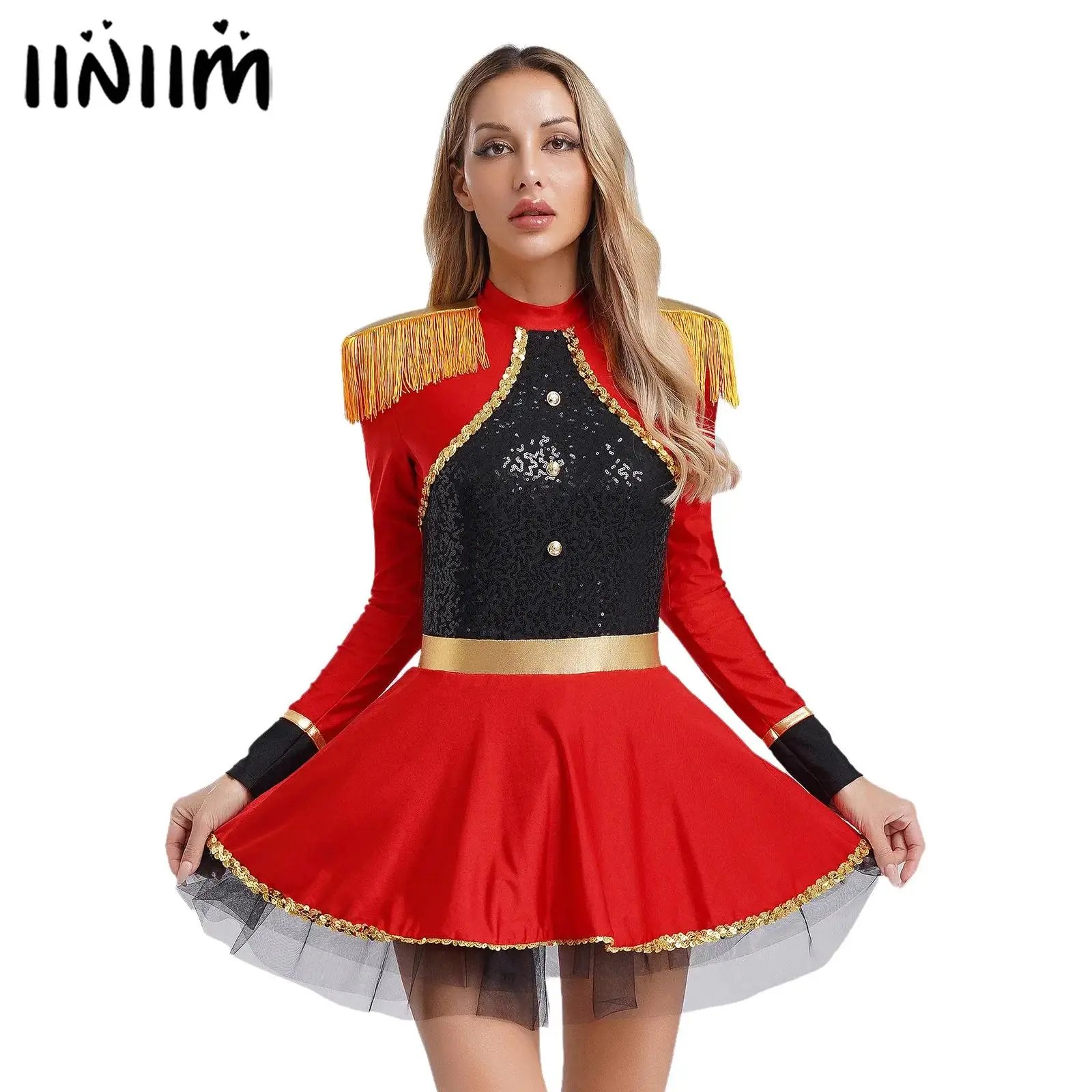 Body de circo Ringmaster para mujer, vestido con flecos y parches en los hombros, vestido de lentejuelas brillantes, banda de mago, baterista, disfraz de Halloween