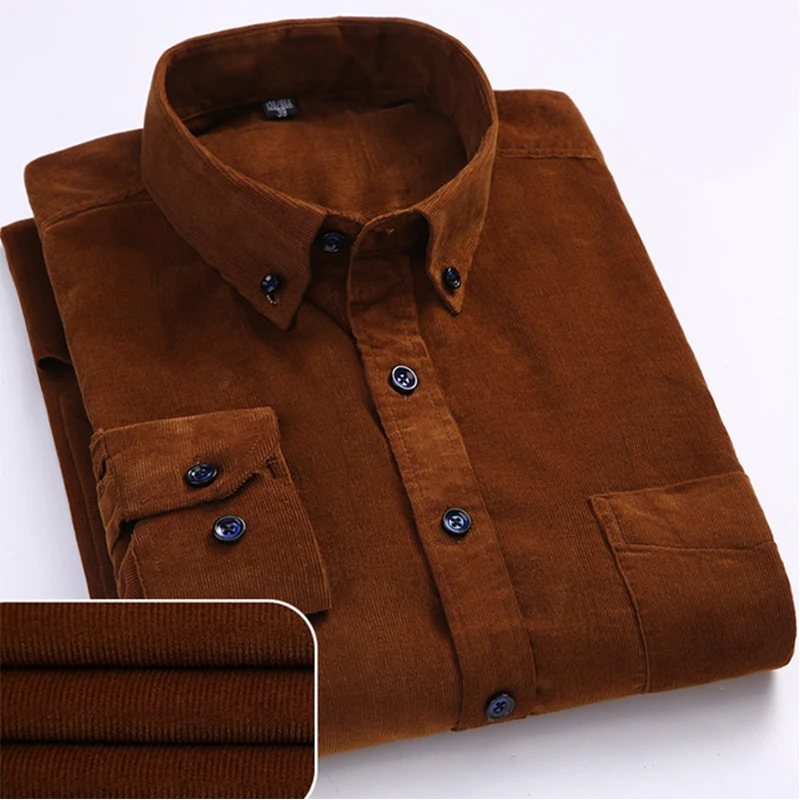 

100% Cotton Men's Corduroy Shirts Long Sleeve Casual Regular Fit Business Dress Shirts Man Comfortable Pocket Clothes 7XL 6XL