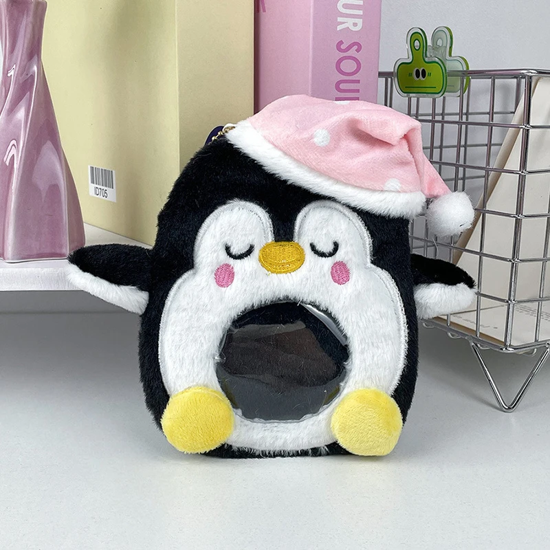 Desenhos animados Animal Sleepcap Penguin Plush Card Set, Chaveiro, Rodada foto titular do cartão, pingente, chaveiro para mulheres, estudantes, exibição de fotos