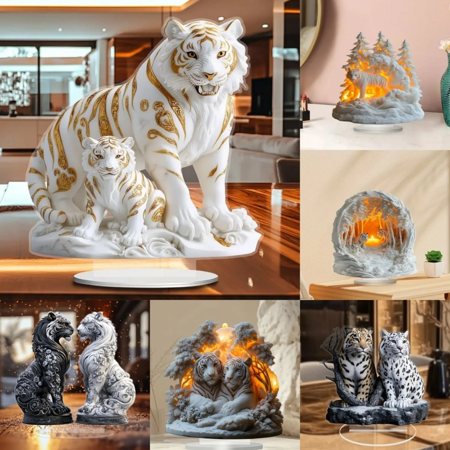 Two Tigers Statue,2D Flat Animals Acrylic Figurine,Home,Office,Cafe,room,display Case,Table Ornament Desktop Decor Lover's Gift