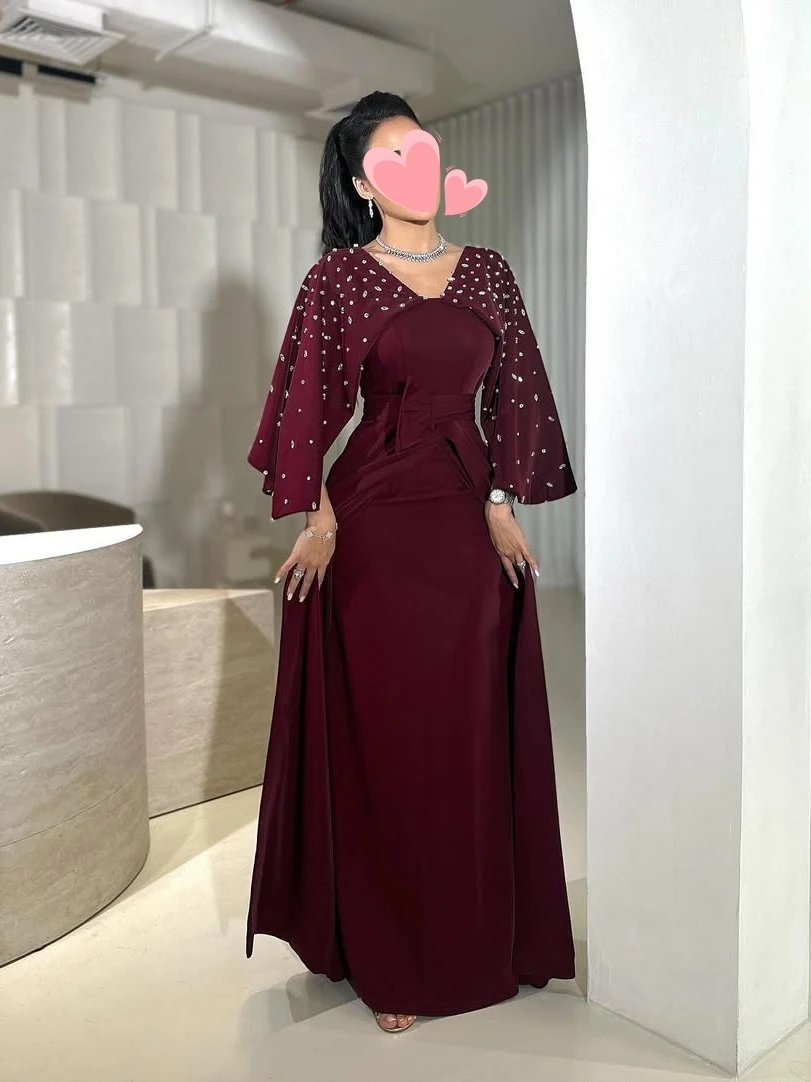 

Oisslec Dress Elegant Vintage Sweet Red Crystal Beads V-Neck New Customized Formal Occasion Prom Dress Evening Party Gowns