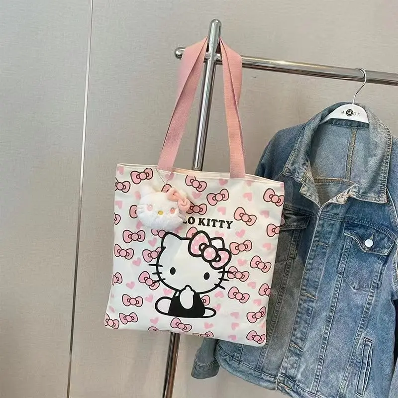 Bolso de lona HelloKitty, bolso de gran capacidad para mujer, bolso grande de un solo hombro para estudiante, lindo bolso de mano para ir al trabajo con gato KT