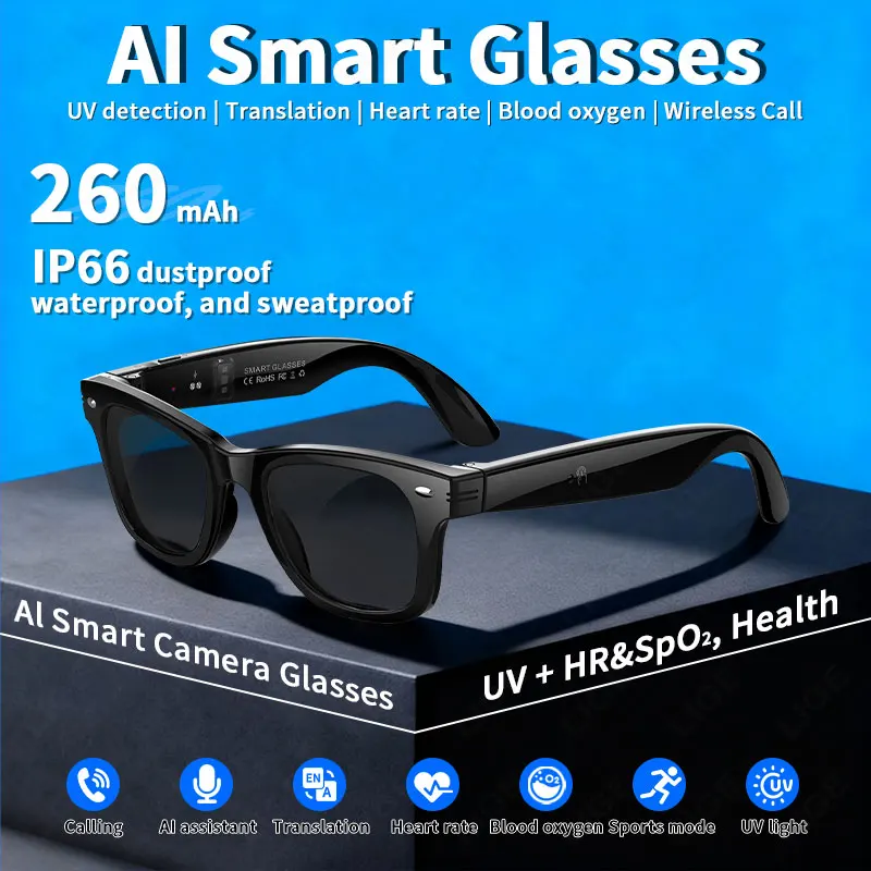 

LIGE Smart Glasses Anti-blue Light AI Translate Voice Assistant Heart Rate Blood Oxygen Monitoring BT Call Waterproof Sunglasses