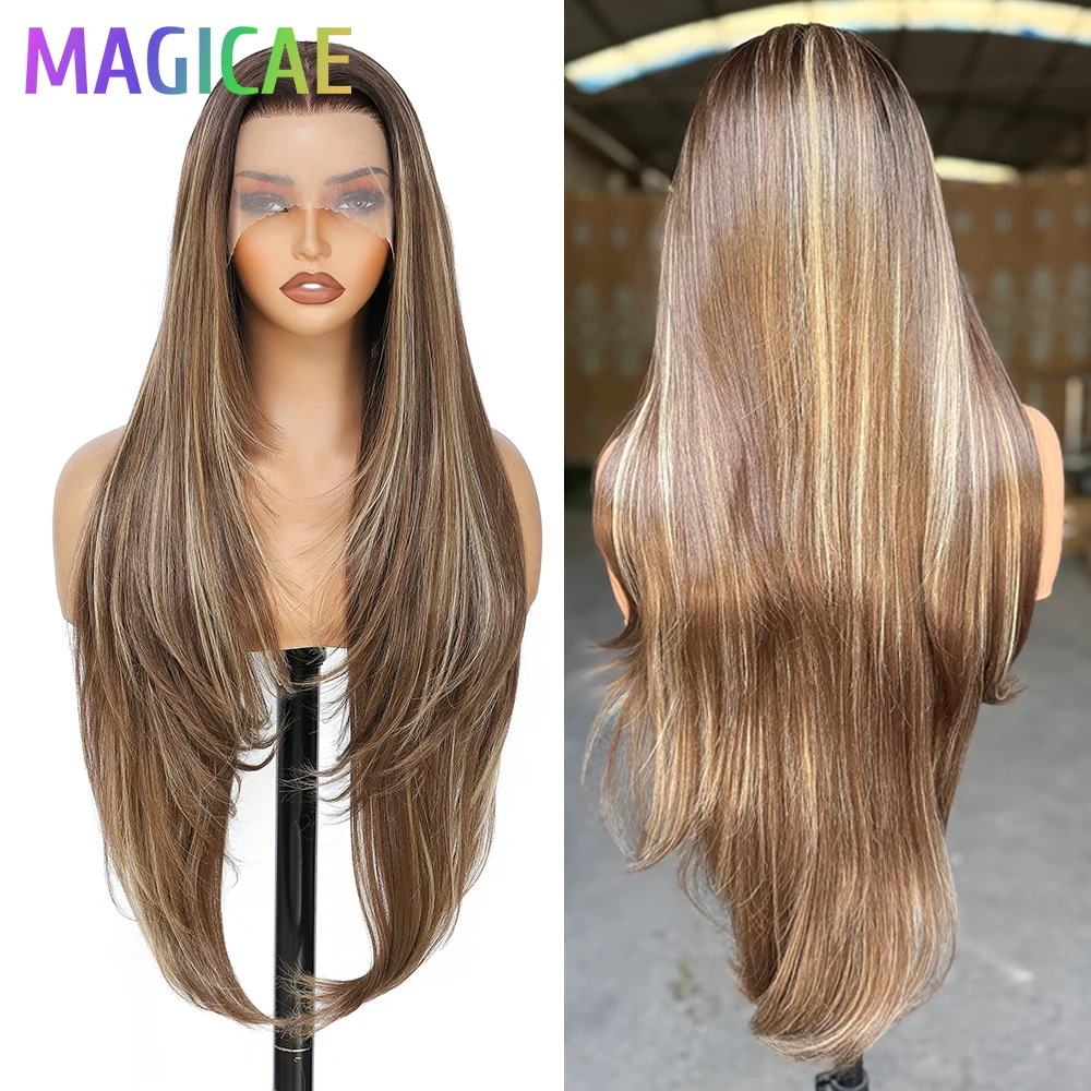 

Magicae 30 дюймов 13X4 кружевные фронтальные прямые парики для волос Ombre коричневый блондин 27/613 # Синтетические термостойкие прозрачные фронтальные волосы