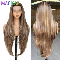 Pelucas de pelo liso Frontal de encaje Magicae 30 pulgadas 13X4 Rubio marrón ombré 27/613 #   Pelo frontal transparente sintético resistente al calor