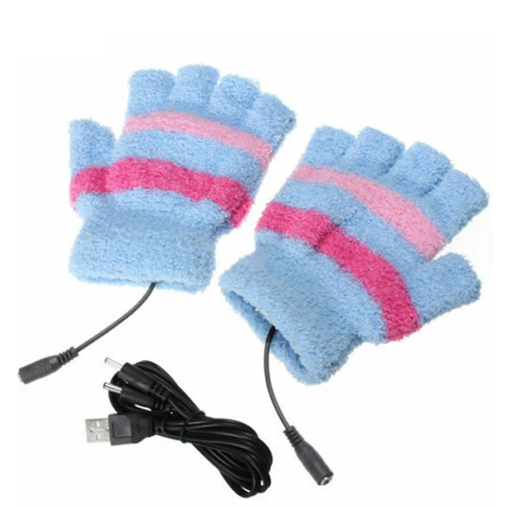 1 Pair Purple/Blue Cute USB Electric Rechargeable Heated Gloves Half Finger Warmer Winter Heating Mitten Fingerless Girls Gloves