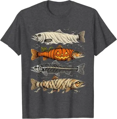 Halloween-Forellen-Fisch-Geister-Kürbis-Skelett-Mumien-T-Shirt Gruseliges Angeln Halloween-Kostüm Y2k Horror-Fischerkleidung – Detail 7