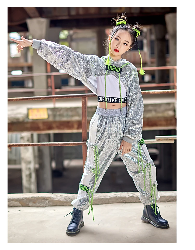 NewJ azz-trajes de lentejuelas plateadas para niños y niñas, ropa de danza moderna de Hip Hop, trajes de actuación en el escenario de baile de tambor de Hip Hop
