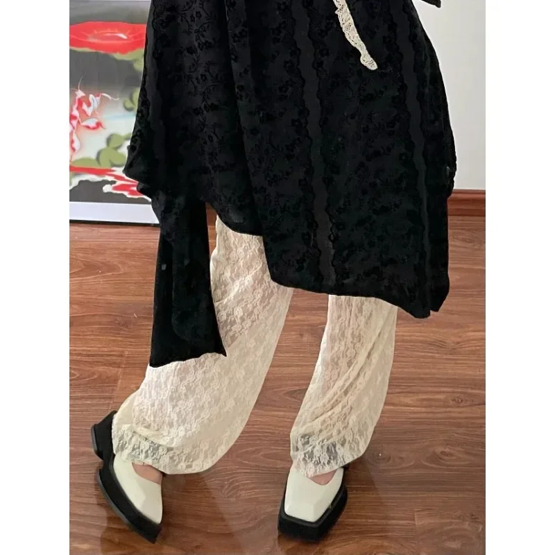 2024 Summer Vintage Korean Retro High Street Low Waist Trousers Streetwear Fashion Sexy See Through Lace Wide Leg Pants