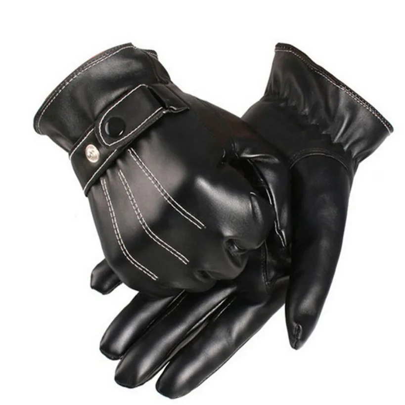 Gloves Men Winter Leather Black Gloves Button Warm Mittens Luxurious PU Leather Driving Men\'s Genuine Gloves Black