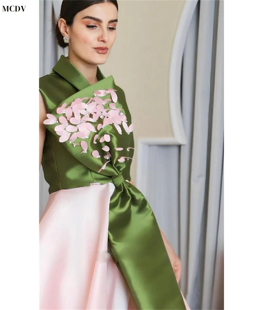 Customized Graceful Satin A-Line Crystal 3D Flowers Evening Dress Temperament V-Neck Sleeveless Ankle Length Celebrity Gowns