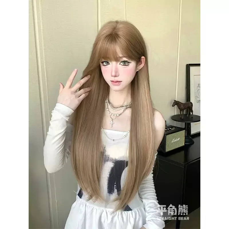 Chestnut Gold Long Straight Full Wig with Neat Bangs Heat‑Resistant Synthetic Hair Asian‑Style Chic Silky Strands for  Party
