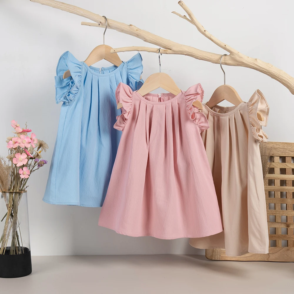 Wholesale Baby Girls Keyhole Dress Ruffle Trim Plicated Dress  Casual Solid Color Kids Summer  Clothes Cheap Dropshipping