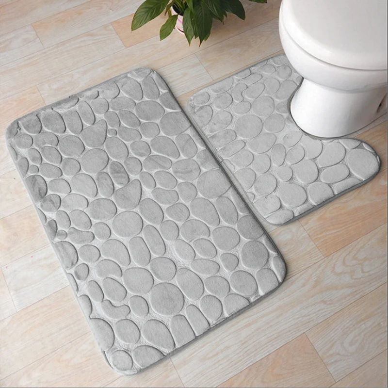 2Pcs Non-Slip Bath Mat and Toilet Mat  Bathroom Rug Set Soft Bath Mat with Cobblestone Pattern Washable Bath Mats for Bathroom