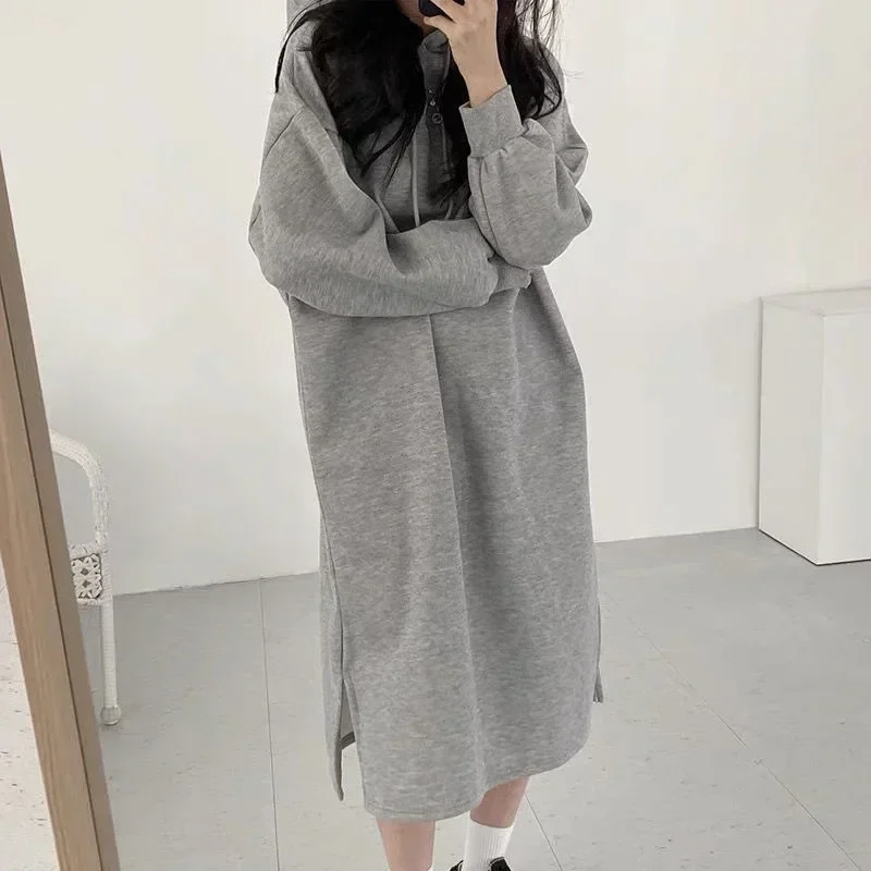 

Women Hoodies Dresses Autumn Winter Casual Hooded Split Hem Sweaters Dress Long Sleeved Casual Loose Korean Y2k Vestidos 2023