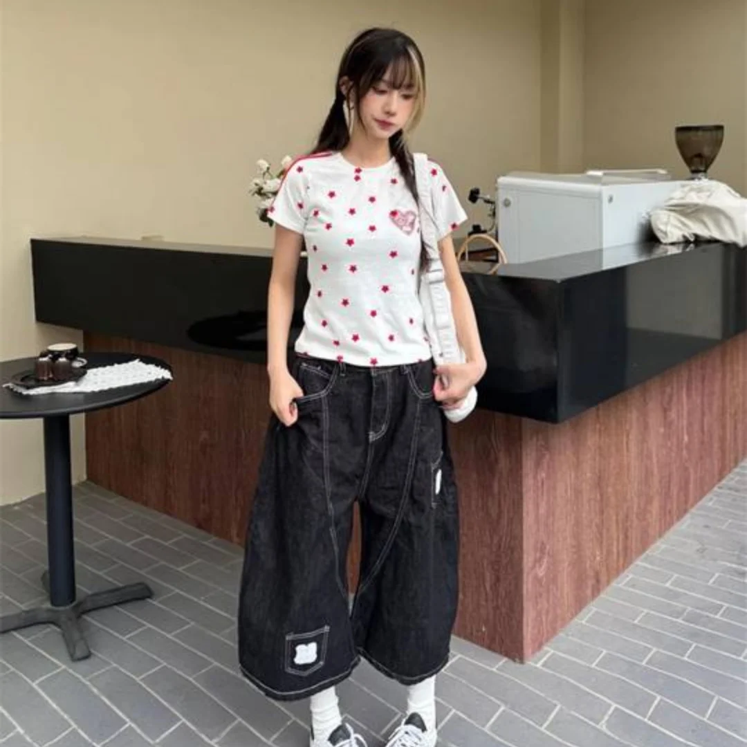 Summer Korean style beautiful cut retro printed short sleeved women's round neck T-shirt slim fit Y2K streetwear top for women