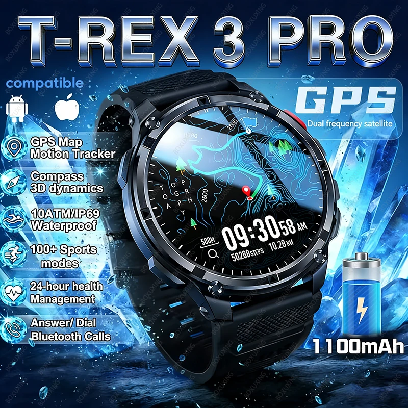 

2026 New T-Rex3 Pro GPS Tracker Smartwatch Men 120-Day Standby 1100mAh Clock Rugged Outdoor Sport 10ATM Waterproof Call Watches