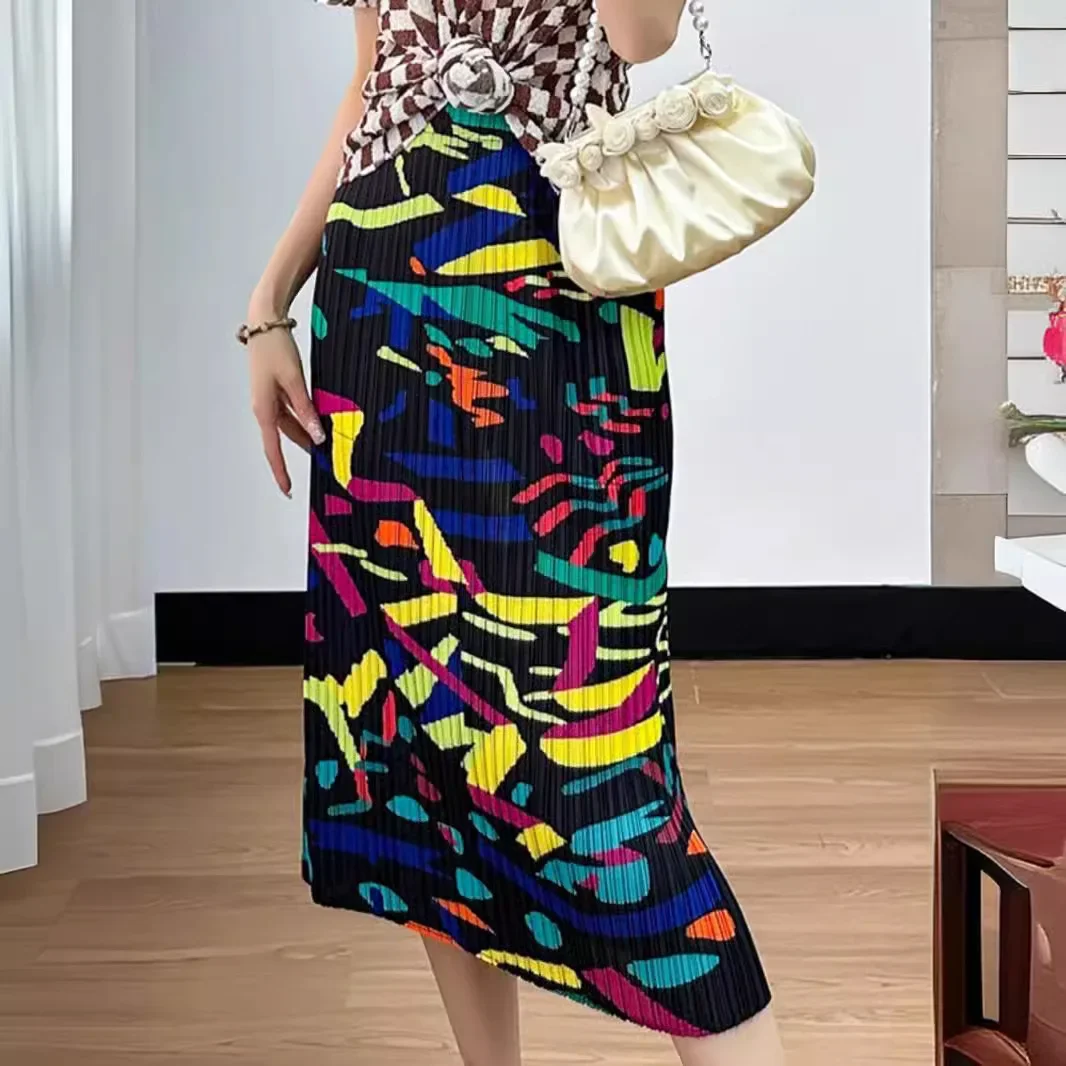 Miyake Pleated Skirt Women's 2024 Summer New Style High-waisted Temperament Slimming Slit Fashionable Mid-length Printed Skirt