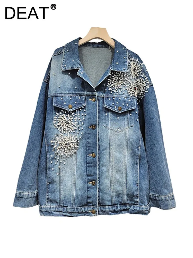 DEAT Women\'s Denim Coat Long Sleeve Turn-down Collar Diamonds Embroidered Flares Causal Jacket 2024 Autumn New Fashion 33A1698