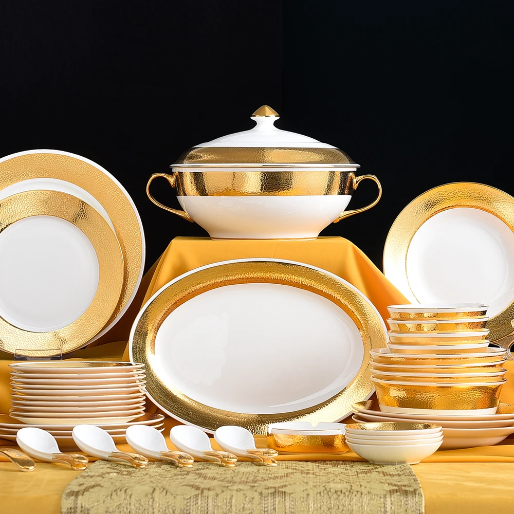 Dish And Plates 52 pcs gold line Bone china Dinner Set China Health Tableware White Ceramic Soup plate Bowl Dish Gift Porcelain