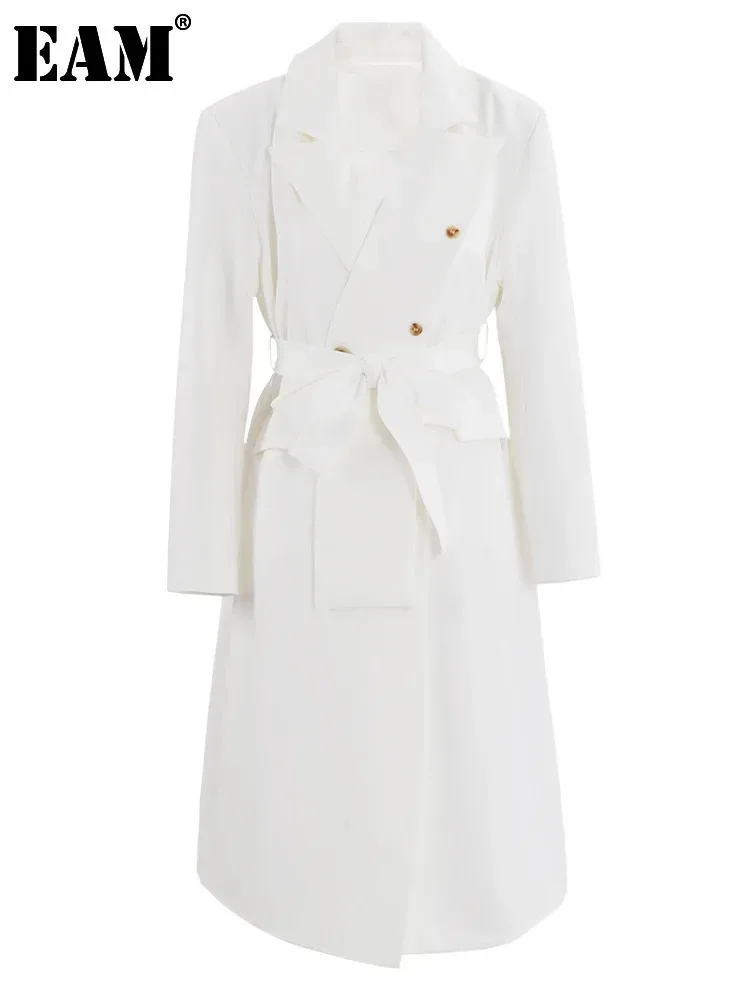 

[EAM] Women White Belted Irregular Big Size Long Trench New Lapel Long Sleeve Windbreaker Fashion Spring Autumn 2024 17A273200