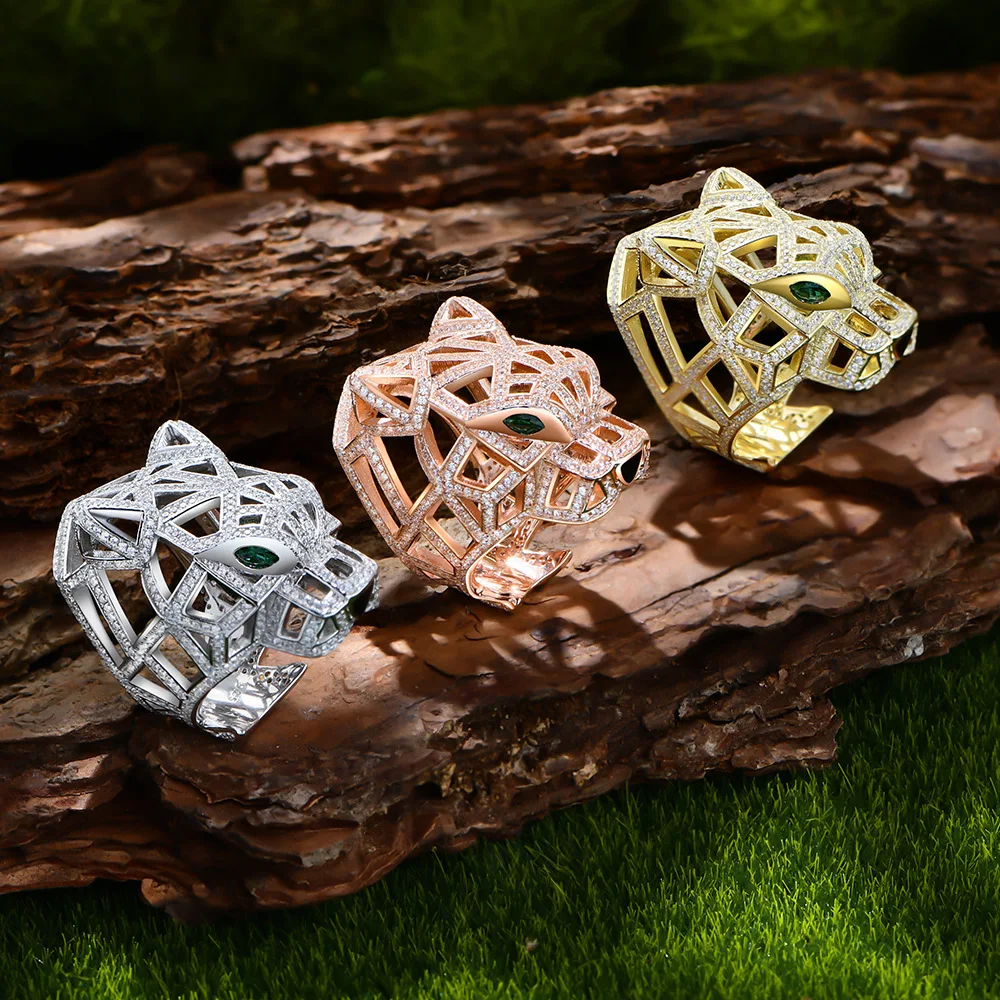 New S925 Silver Leopard Head Ring with Exaggerated Personality, Micro Inlaid with European and American Jewelry