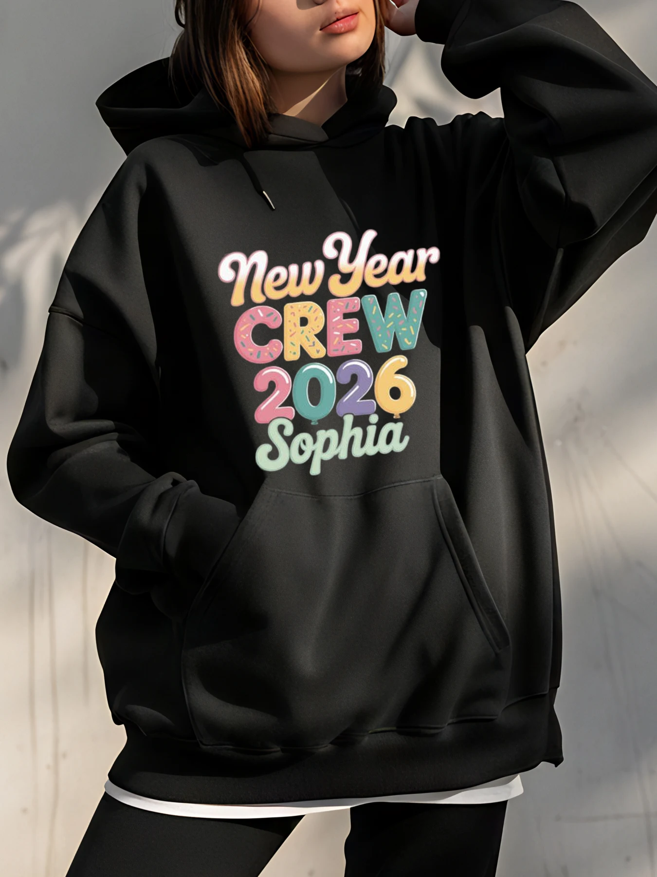 Felpa con cappuccio New Year Crew 2026 Nome personalizzato Stampa Felpa unisex Casual Streetwear Moda Donna Uomo Bambini Abbigliamento da festa
