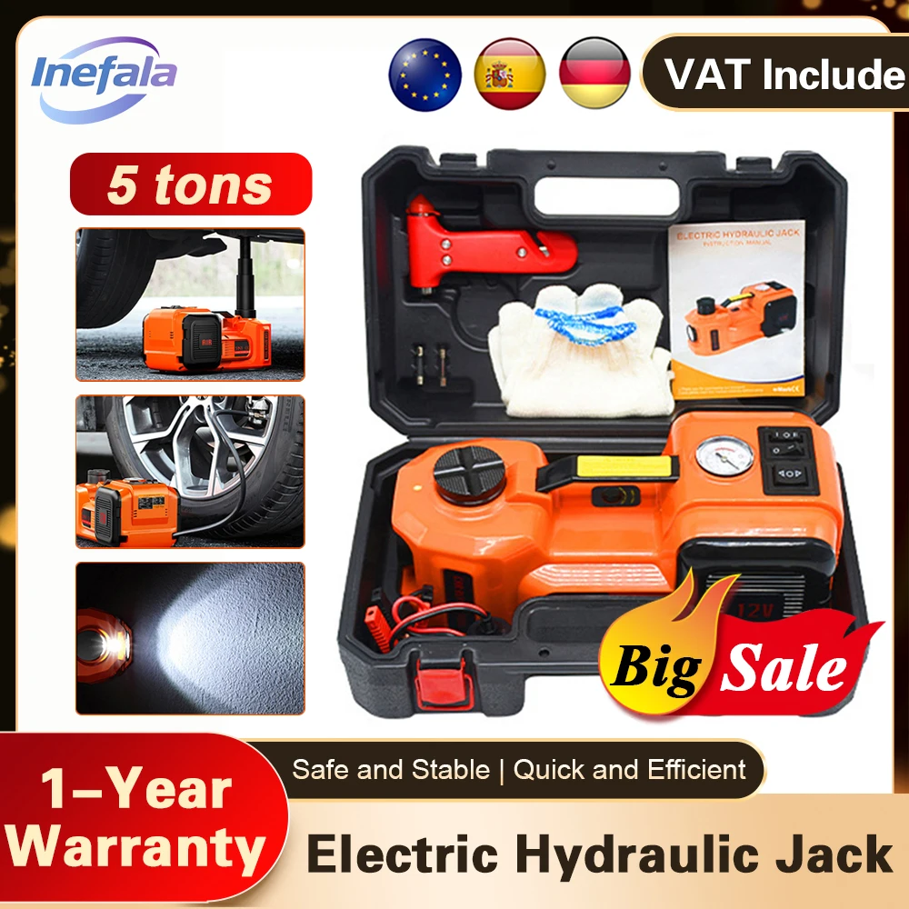 Inefala 3 في 1 مقبس سيارة هيدروليكي كهربائي 5 طن 12 فولت تيار مستمر طقم تغيير الإطارات في حالات الطوارئ أداة رفع السيارة في حالات الطوارئ