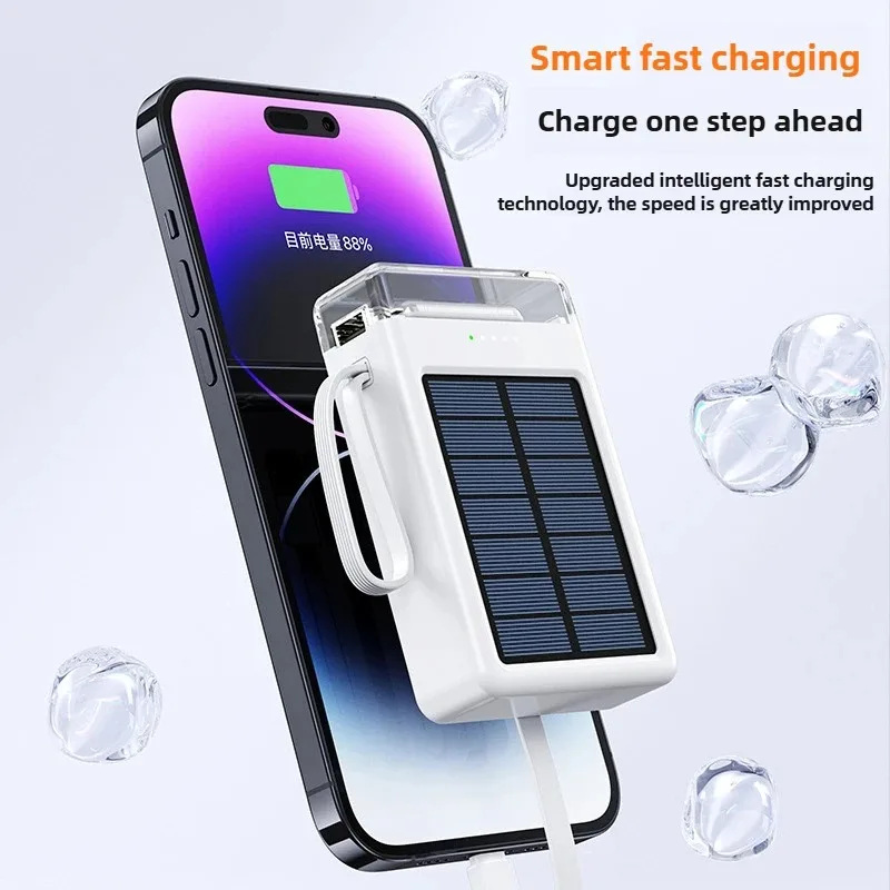 Солнечная батарея 10000 мАч для iPhone, Xiaomi, Samsung, Huawei 4 в 1, встроенные кабели, портативная запасная внешняя батарея