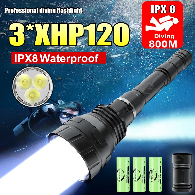 3*XHP120 Underwater Lantern IPX8 Diving flashlight 3*26650 Professional Scuba Diving Torch High Power Diving Waterproof Lamp