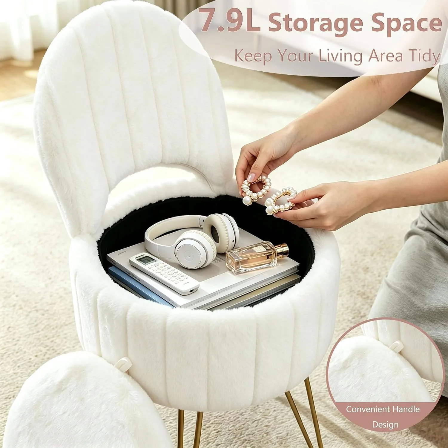 White Faux Fur Vanity Stool Chair with 7.9 Liter Hidden Storage Folding Backrest Thick Padded Seat Gold Metal Legs Adjustable Feet 284 LB Capacity Compact Makeup Ottoman Bench for Bedroom Living Room  image 2