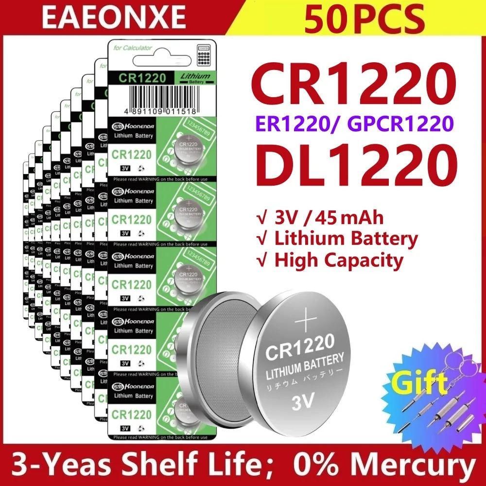 50pcs CR1220 Button Cell Battery 3V CR 1220 BR1220 DL1220 LM1220 ECR1220 Lithium Battery for Car Key Remote Calculator