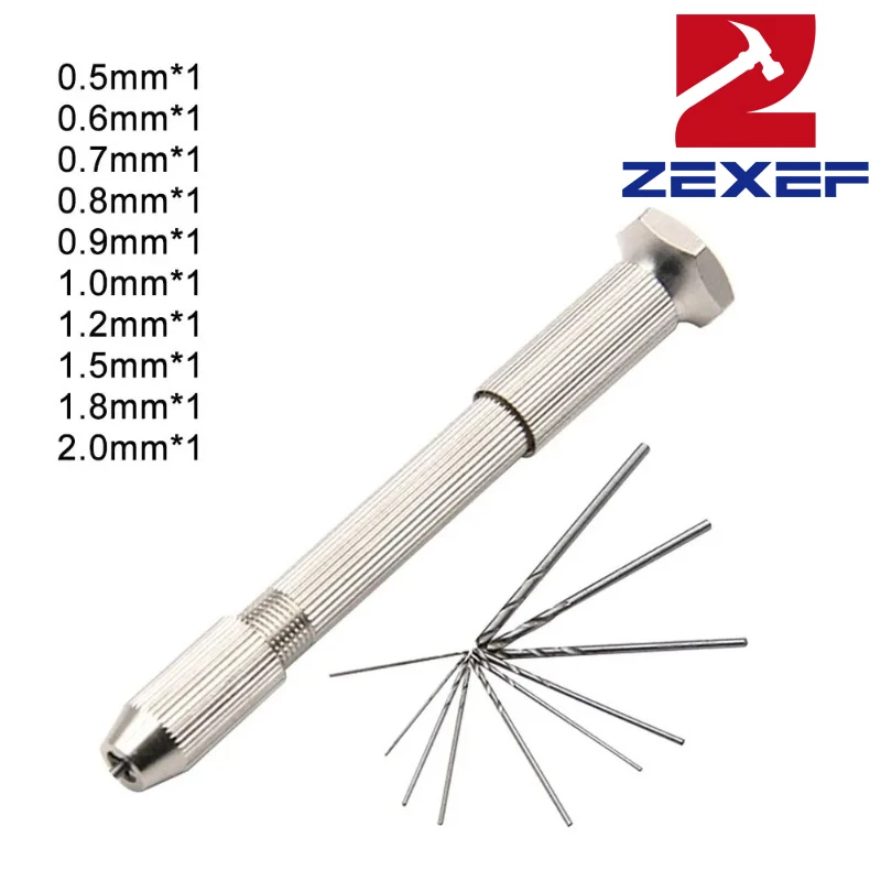 ZEXEF Silver Single Head Hand Twisted Drill Handle 10pc Small Tool Set DIY Hole Punching Art Play Amber Walnut Manual Hole Open