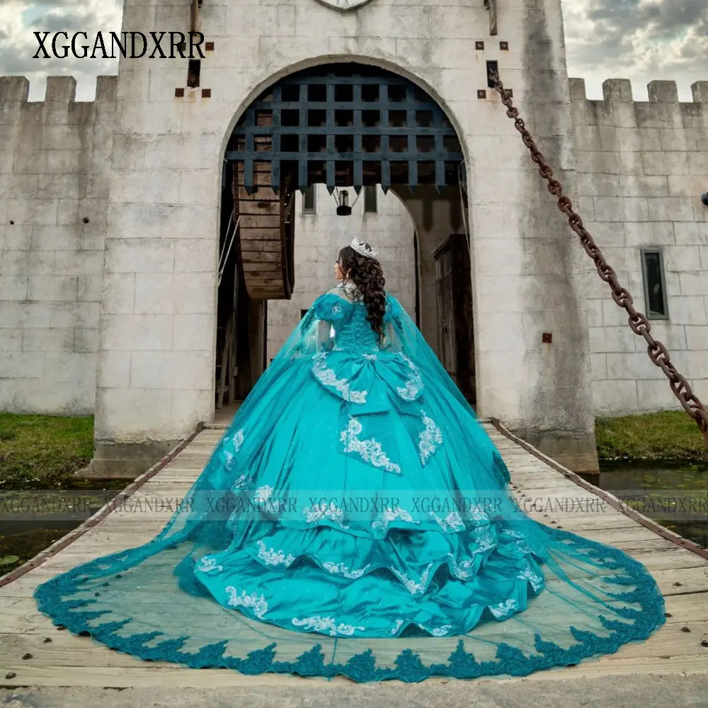 Personalizado bonito verde quinceanera vestidos 2024 ouro lantejoulas apliques camadas mexicanas vestido de baile doce 16 vestido vestidos de 15