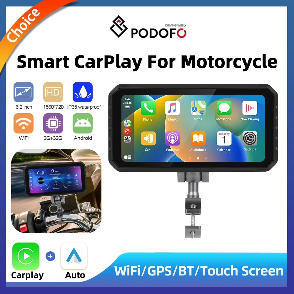 

Podofo GPS Navigation Motorcycle Waterproof Display For Apple Carplay Portable Motorcycle Wireless Android Car Monitor 2+32G