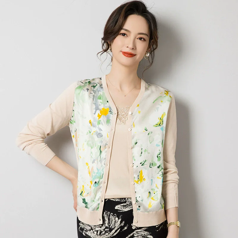 

Birdsky, 1 шт. Женская верхняя одежда, кардиган, свитер, топ с длинными рукавами, 90%, тутовый шелк, 9,8% спандекс, цветочный принт, S-1037