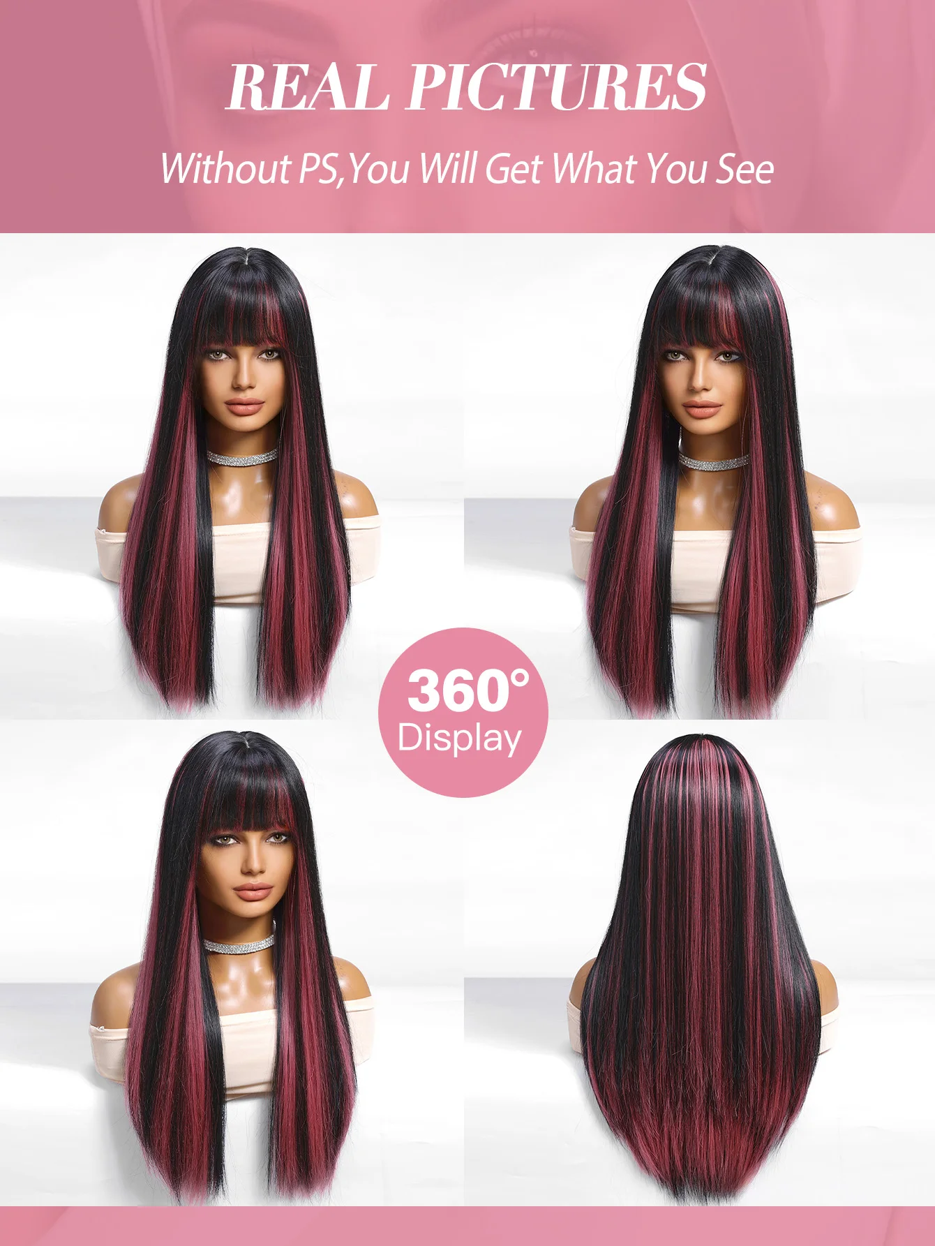 Schwarze Highlight-Rosa-Synthetik-Perücke mit Pony, lange gerade schwarze Highlight-rote Perücke für Frauen, Cosplay, Party, Weihnachten, 66 cm – Detail 2