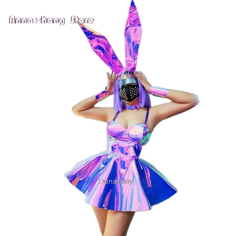 Women Prom Dress Purple Laser Cosplay Animals Headwear Bar Nightclub Dj Costume Stage Pole Dance Festival Outfit