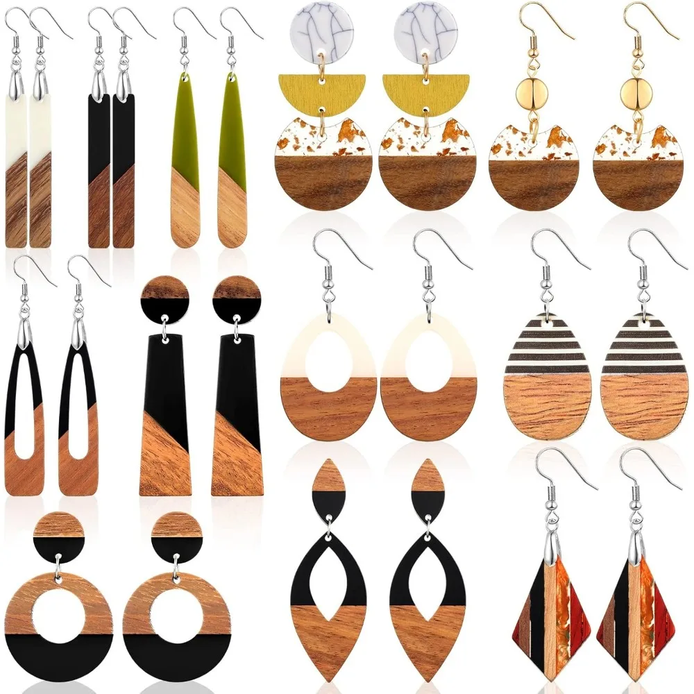 

12 Pairs Boho Wooden Dangle Earrings Lightweight Geometric Resin Studs for Women