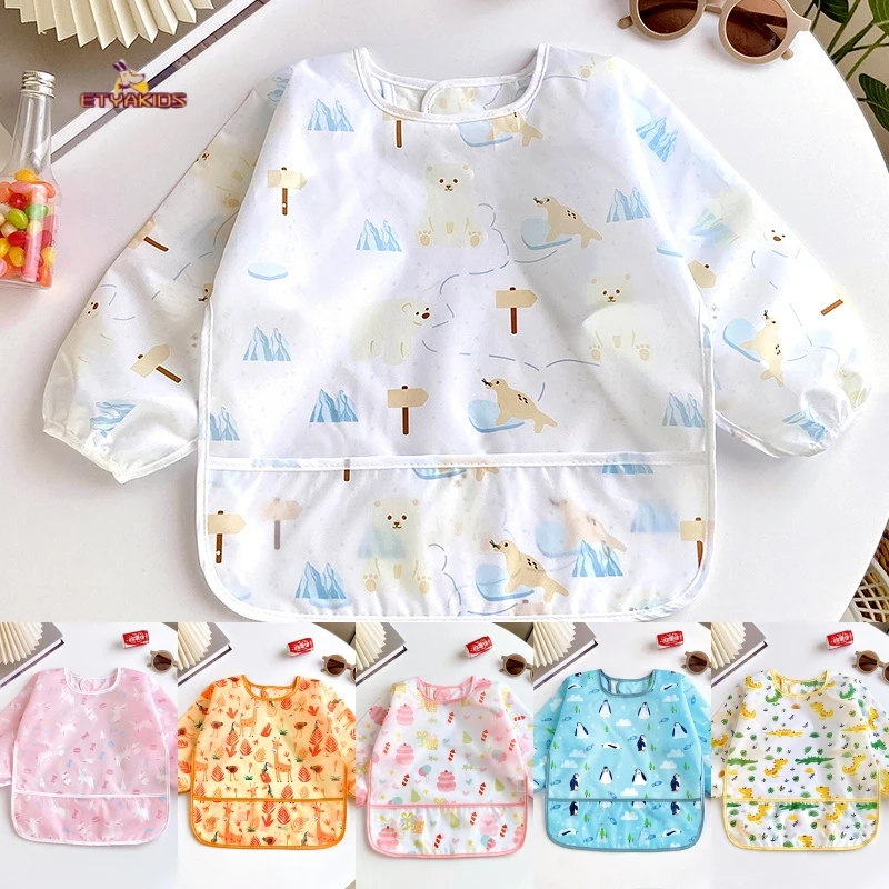 New Baby Bib Waterproof Cute Cartoon Stuff Toddler Feeding Brush Teeth Drawing Long Sleeve Protect Clothes From Getting Dirty