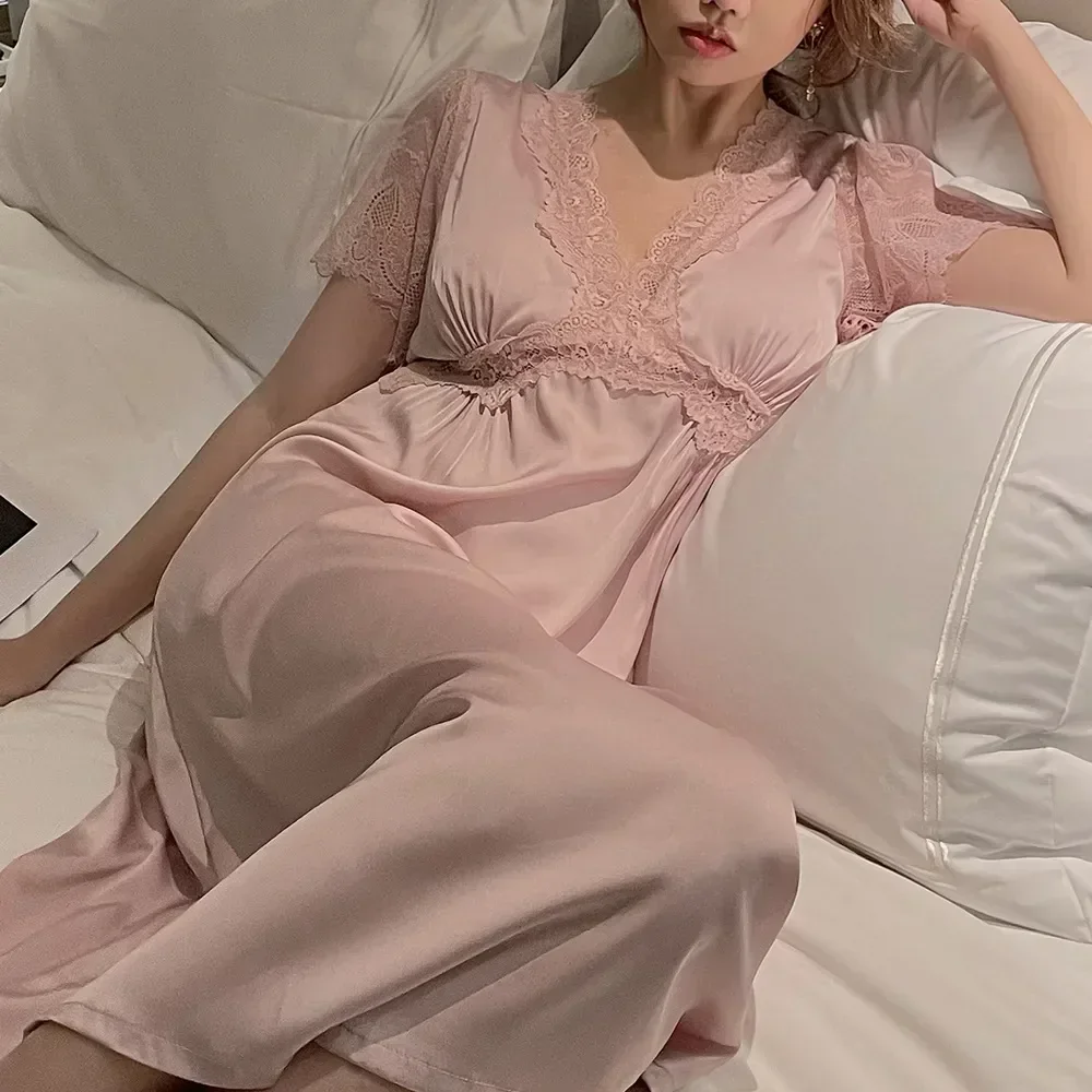 Satin Nightwear Lingerie Bras Night Short Women Sleepdress Lace Sleeve Sleepwear Intimate Dress With Loose Summer Nightgown Long