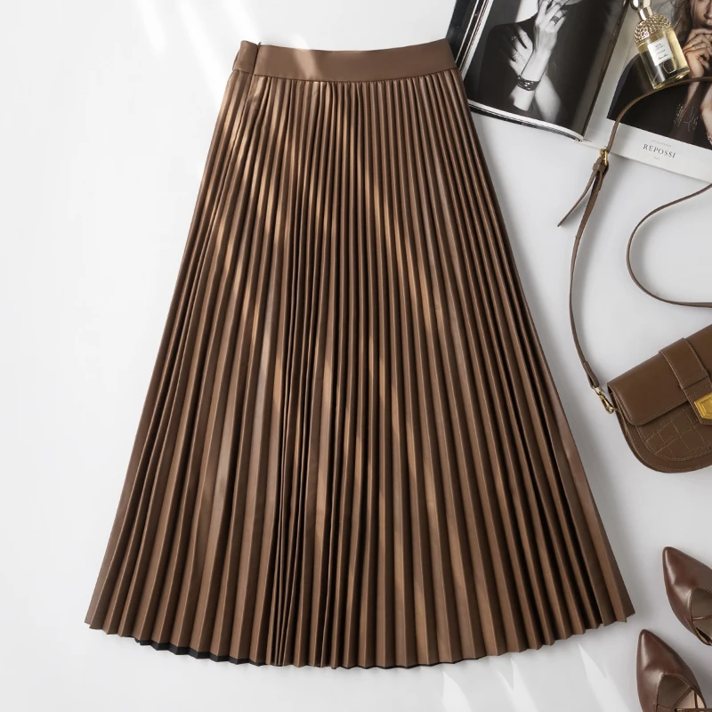 

Winter New Sle eepskin Real Leather Skirt A-Line Midi Skirt Pleated Drapey Pure Color High Waist f Body Skirt
