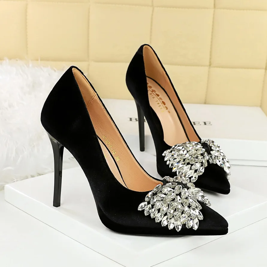 bigtree-ラインストーンボウハイヒールパーティー結婚式女性のパンプスプラットフォームファッションレディハイヒールシューズスティレット-95-センチメートル黒
