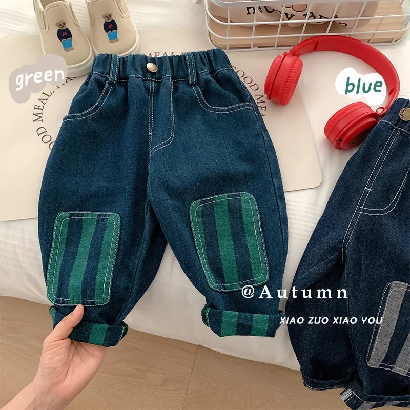 Children\'s Jeans 2024 Autumn Korean Boys Pants Fashion Striped Patch Casual Denim Trousers 1-6Y Kids Clothes Boy\'s Jeans