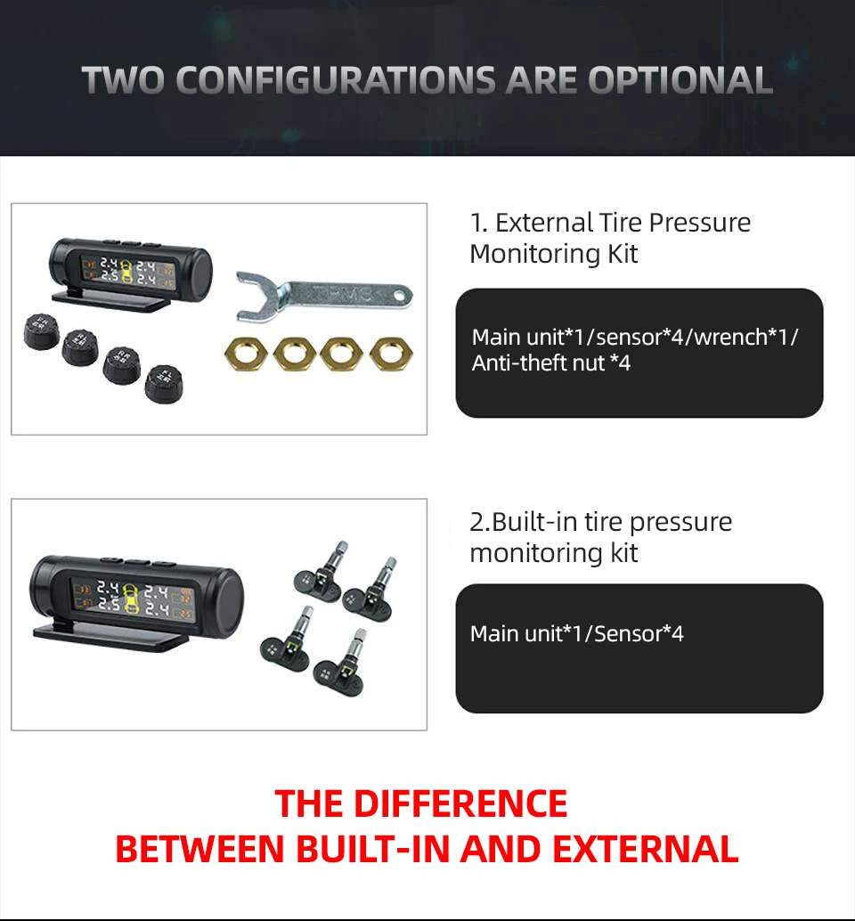 E-ACE 4-Sensor, TPMS, abnehmbarer Akku, kabellos, intelligente Erkennung, Reifendruckkontrollsystem, Sicherheitsalarm, LCD-Display – Detail 5