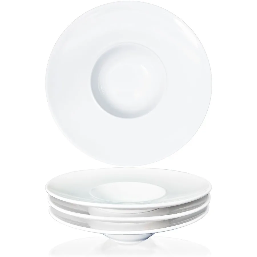 

Exquisite White Ceramics Rimmed Soup Bowls 5.1 oz with 8.5 inch Diameter Set of 4 Elegant Pasta Plates with Decorative Rim Idea