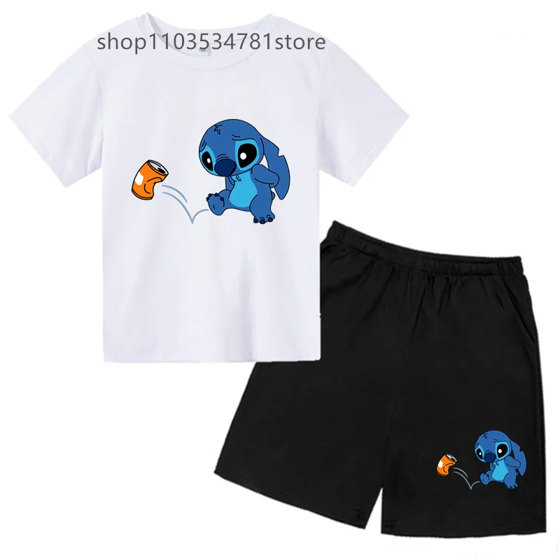 Fashion Stitch Children's baby Two-piece T-shirt set boy Round Neck Casual Short Sleeve Girl Short sleeve shorts