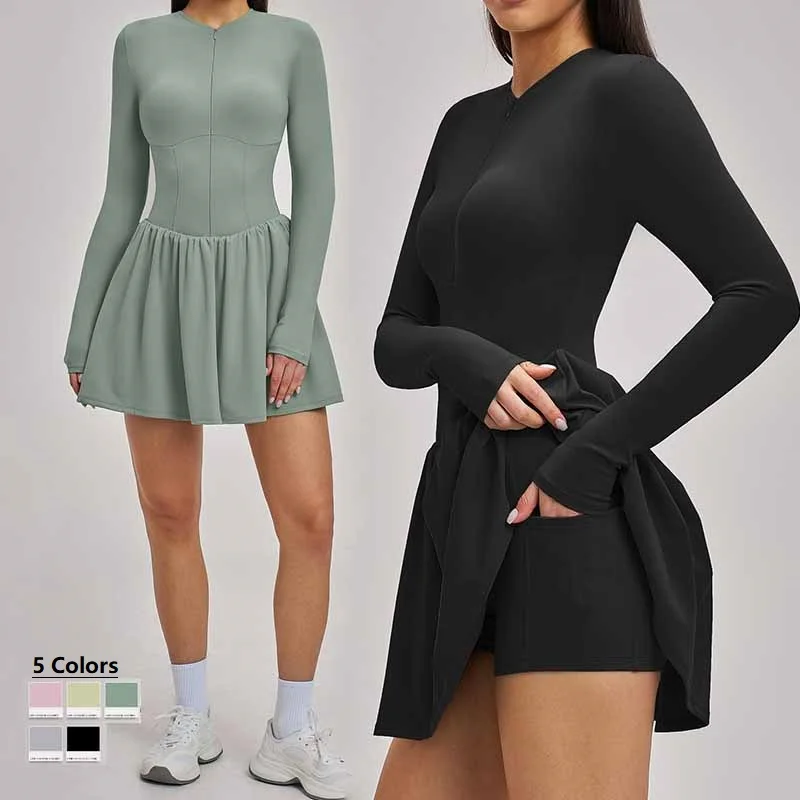 Women Long-sleeve Slim Tennis Golf Dress Breathable Half Zip Sports Dress with Shorts A-lined Pleated Yoga Gym Skirts