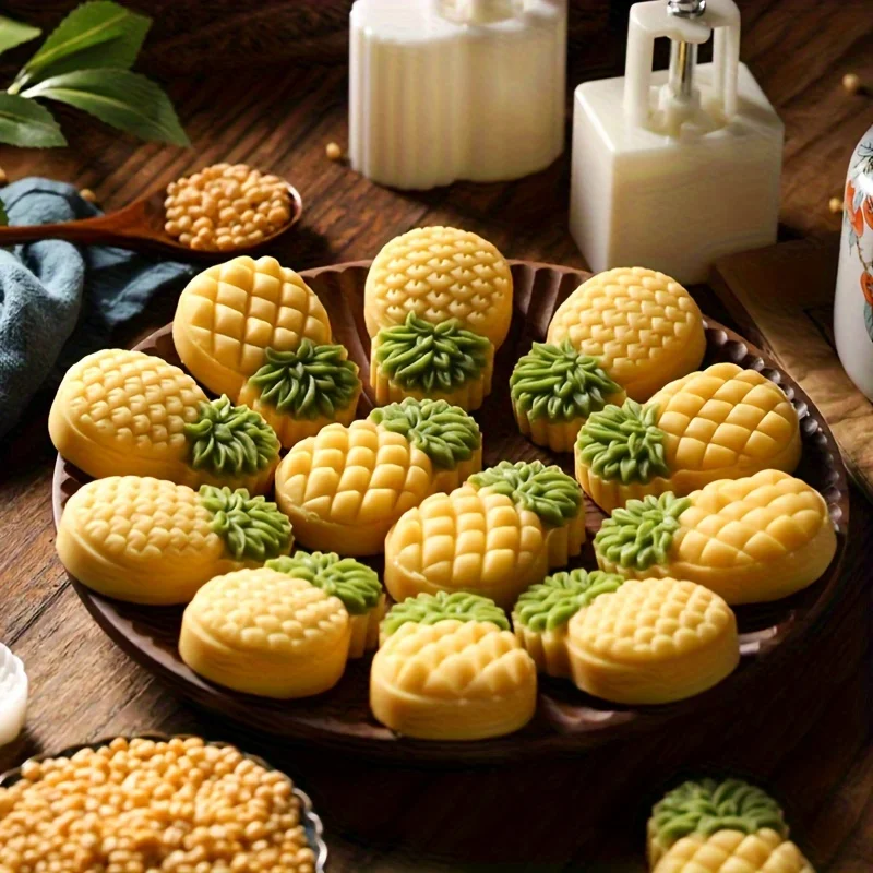 Fruit Pineapple Shape Pastry Mold,Including 1 Mold And 2 Stamps,DIY Hand Press Moon Cake Stamps,Mung Bean Cake,Cookie Mold