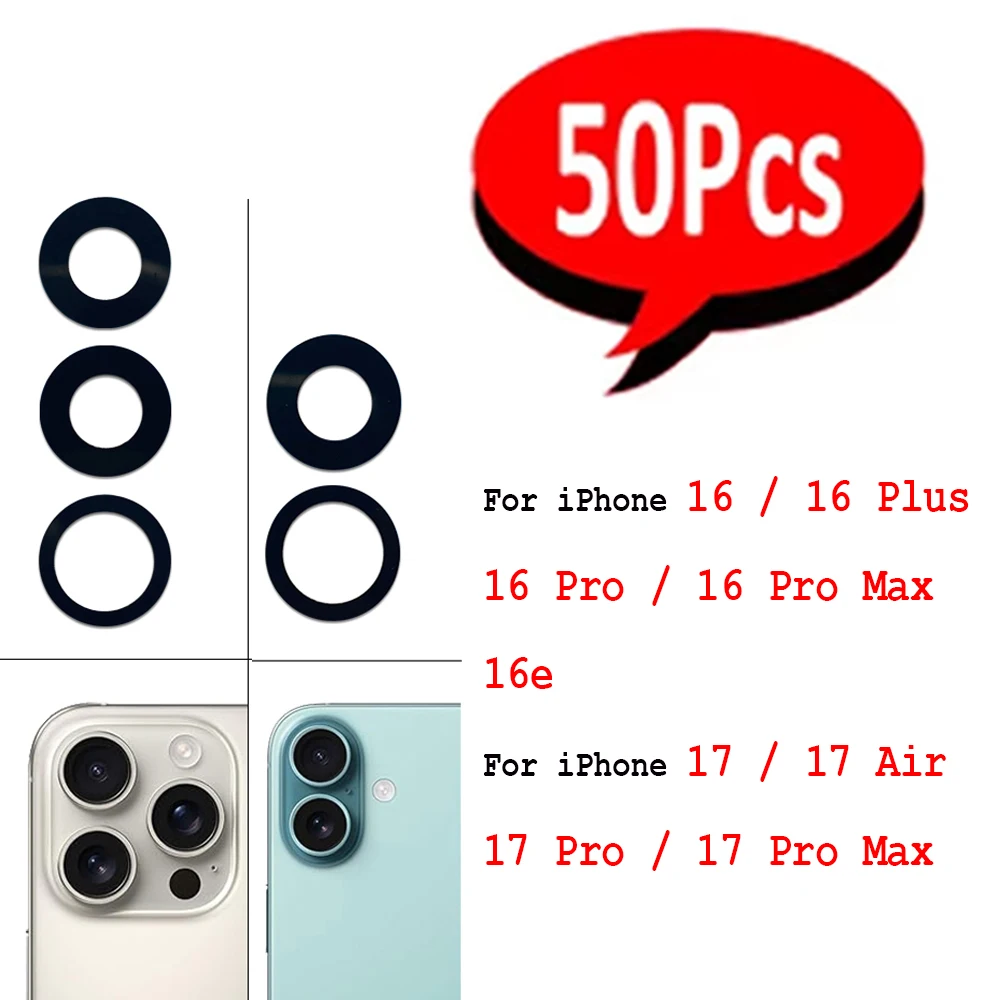 50Pcs, For IPhone 16e 16 Plus 17 Air 17 Pro Max Back Rear Camera Glass Lens with Glue Adhesive Replacement Repair